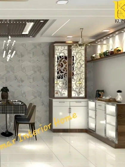 This design integrates a pooja unit into the corner of a dining area. The mandir has elegant jali doors and is combined with a crockery unit, showcasing our skill in creating multi-functional furniture.