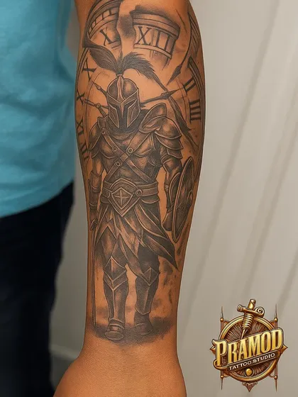 A powerful forearm sleeve featuring a Spartan warrior against a backdrop of a clock. This tattoo symbolizes strength, courage, and the timeless spirit of a fighter.