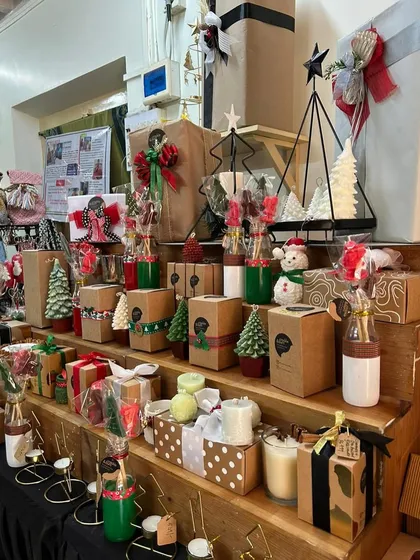 The full view of my stall, packed with handmade Christmas gifts ready to go.