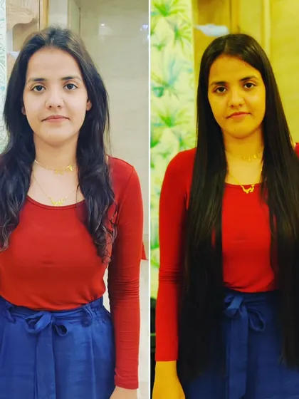 A clear demonstration of adding significant length. This before-and-after shows how we took her shoulder-length hair to waist-length, creating a dramatic and beautiful new style.