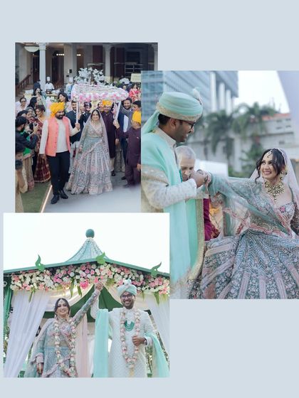 A collage of moments from a beautiful pastel-themed wedding. It shows the bride's entrance, the couple's happy interactions, and their triumphant pose after the ceremony.