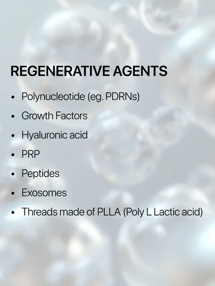 My practice emphasizes regenerative medicine, which focuses on stimulating your body's own healing and repair mechanisms. I utilize advanced agents like Polynucleotides, Growth Factors, and PRP to achieve natural, long-lasting results at a cellular level.