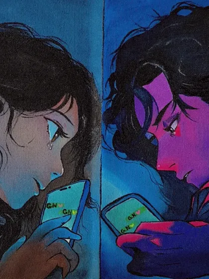 For all the long-distance lovers, this one's for you. An anime-style painting capturing that feeling of being connected by a screen but separated by distance. I use vibrant colors on fabric canvas to tell these modern love stories.