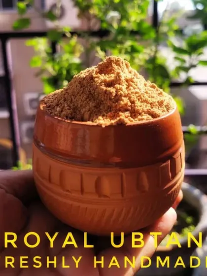 This is my Royal Ubtan, a traditional recipe made with the best herbal ingredients. It's a wonderful treatment for dry or dehydrated skin, helping to reduce pigmentation, fight acne, and promote a natural glow.