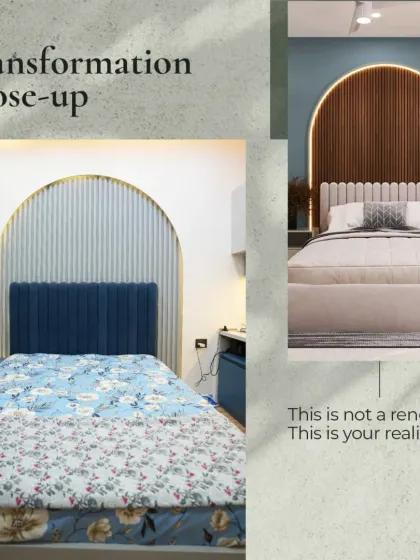 The magic is in the transformation. This before-and-after shot of a bedroom headboard shows how we turn a simple wall into a statement piece with custom paneling and integrated lighting, proving that this is not a render, this is your reality.