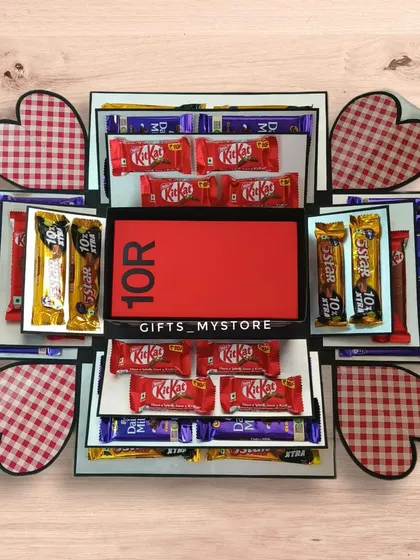 The final layer reveals the big surprise! This chocolate explosion box was designed to hold a brand new phone, surrounded by KitKats and other favorites.