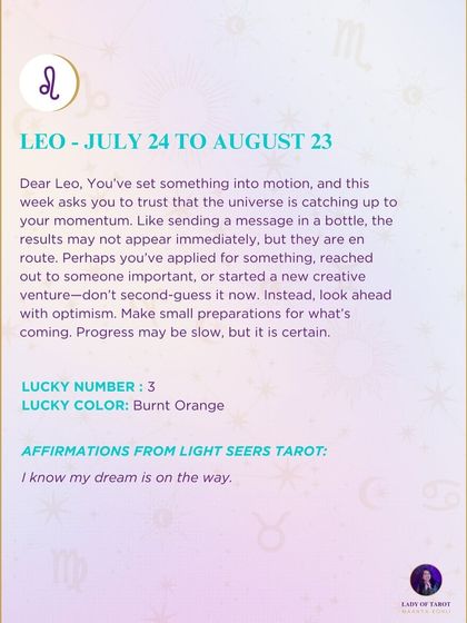 A weekly message for my dear Leo about trusting that the universe is catching up to your momentum. This reading advises you to look ahead with optimism, as progress is certain.