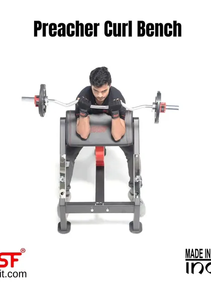 A front view of a user on the Preacher Curl Bench.