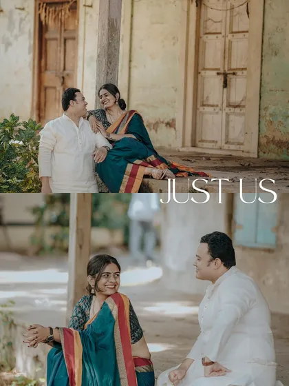 "Just Us." A collage of candid moments from a pre-wedding shoot with a rustic, village-like backdrop. Their smiles and easy laughter show their comfortable love.