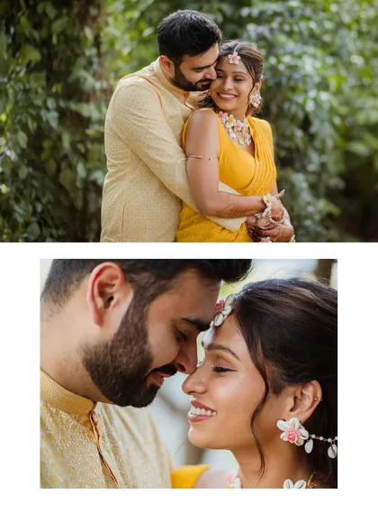 A two-panel image showing both a wider embrace and an intimate close-up of the couple. These shots capture the romantic connection amidst the Haldi festivities.
