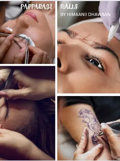 A little peek into how I work. I use professional tools to carefully apply each lash extension, ensuring your natural lashes are protected and the final look is flawless. This collage also shows some of the other permanent makeup services I offer, like microblading for brows.