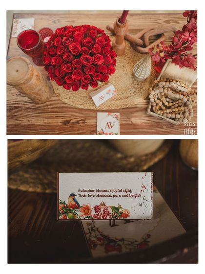 The personalized stationery for the Haldi, tying the Gulmohar theme together with beautiful illustrations.