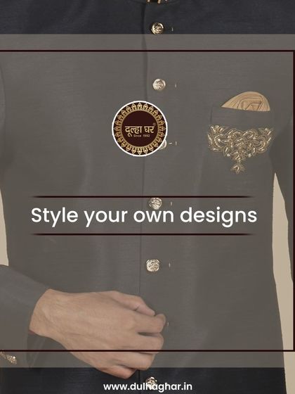 Style your own designs. A close-up of a black Indo-Western jacket with a gold embroidered pocket detail.