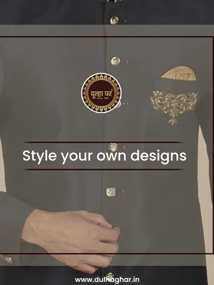 Style your own designs. A close-up of a black Indo-Western jacket with a gold embroidered pocket detail.