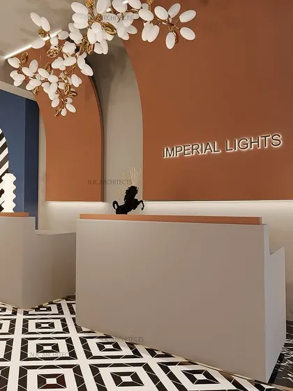 It’s time for luxury design in showrooms. We created this ambiance of grandeur for a lighting showroom, using bold colors, dramatic arches, and unique display niches to showcase the products like works of art.