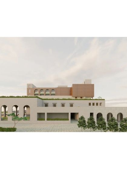 An early-stage render of a large-scale upcoming project. The design explores classical architectural forms like arches and colonnades, reinterpreted in a modern context with clean lines and integrated green terraces.