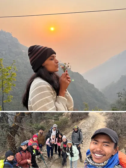 A collage from our Sandakphu trek, showing a trekker enjoying the mountain air and our group with a local guide. I always work with experienced local guides for safety and a richer experience.