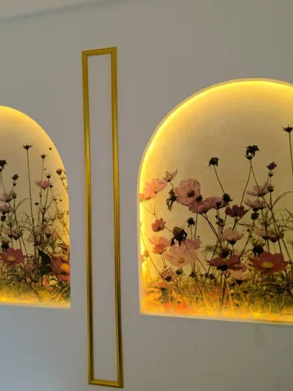 A unique project featuring custom-shaped arched panels with floral wallpaper. I added hidden backlighting to make the designs glow, creating a soft and artistic focal point on the wall.