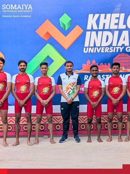 Our SVU Men’s Yogasana Team with their coach at the Khelo India University Games, where they secured a proud fourth-place finish.