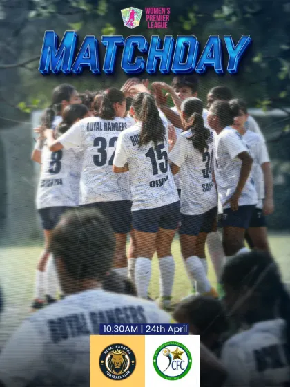 Our official matchday poster for the Women's Premier League game against CFC, showing the team united in a huddle before the match.