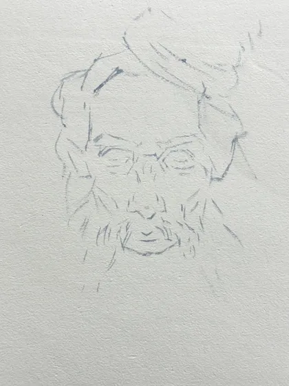 A very basic initial line sketch for a portrait, establishing the core features and proportions.