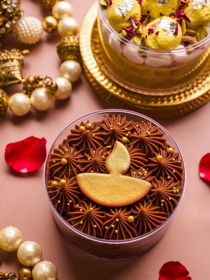 My bestselling Belgian Milk Chocolate Cake Tub gets a festive makeover for Diwali, adorned with a beautiful edible gold diya and gold sugar pearls.