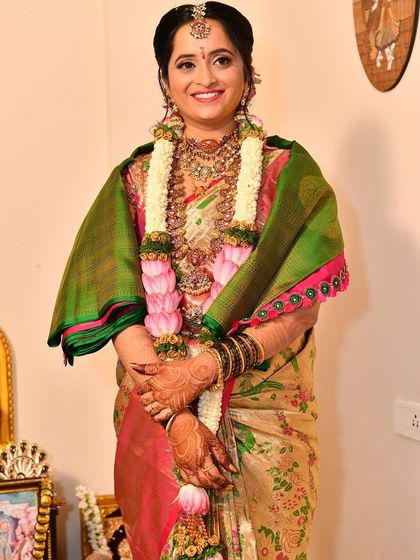 A beautiful, smiling portrait of my bride. The makeup enhances her natural glow, making her look and feel her absolute best.