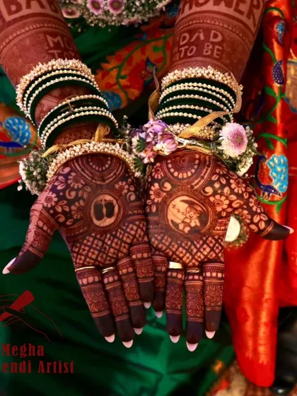 Celebrating the journey to motherhood with a custom baby shower mehendi. This design features sweet details like baby feet and cradles, all surrounded by festive floral jewellery.