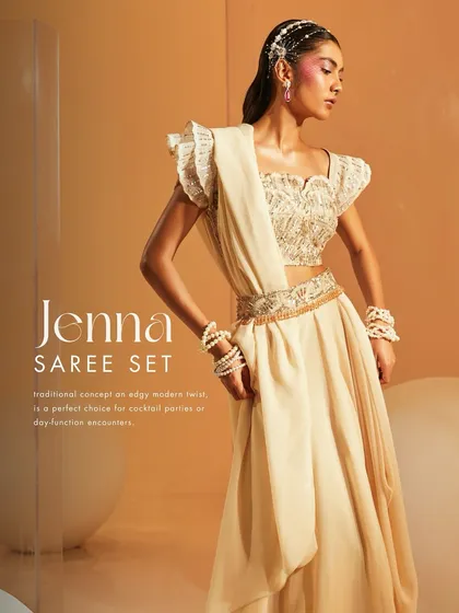 The Jenna Saree Set, a perfect choice for day functions or cocktail parties, giving a traditional concept an edgy and modern twist.