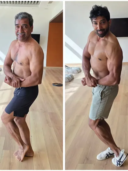 I'm a second-generation bodybuilder, posing here with my dad. He competed in the 70s and still trains at 73. This is more than a job for me; it's a family legacy of discipline and strength.