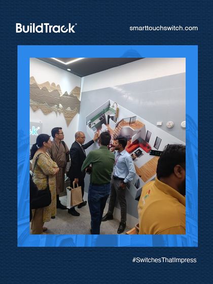 A crowd of visitors at our IIA Jodhpur booth, eager to learn about our smart touch switches and seamless home automation.