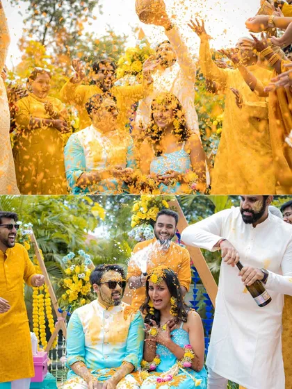 A collage of high-energy Haldi moments, from champagne pops to being showered in turmeric. This is a celebration at its most vibrant and joyful.