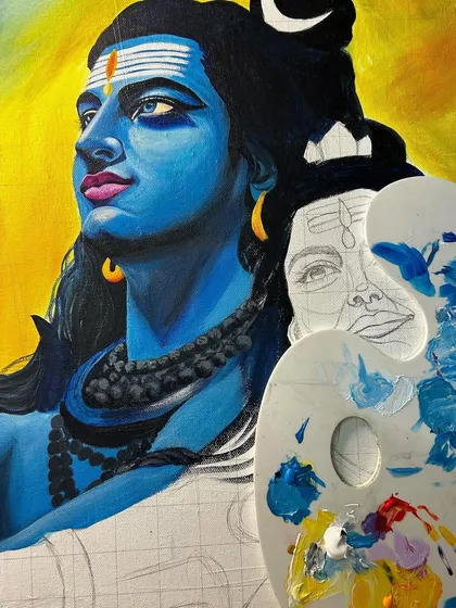 Another process shot, showing more of Lord Shiva's face completed. You can see how I build up layers to create depth and dimension.