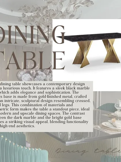 A contemporary dining table with a sleek black marble top and a gold-finished metal base. The base is crafted into an intricate, sculptural design resembling crossed, fluted legs.