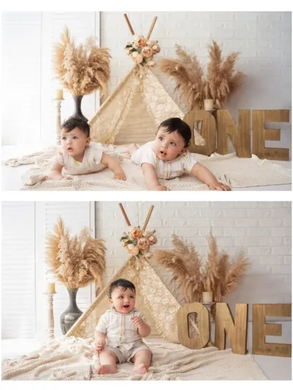 A collage from a first birthday shoot with a rustic "ONE" sign and a bohemian teepee. We capture babies sitting up, crawling, and interacting with the set.