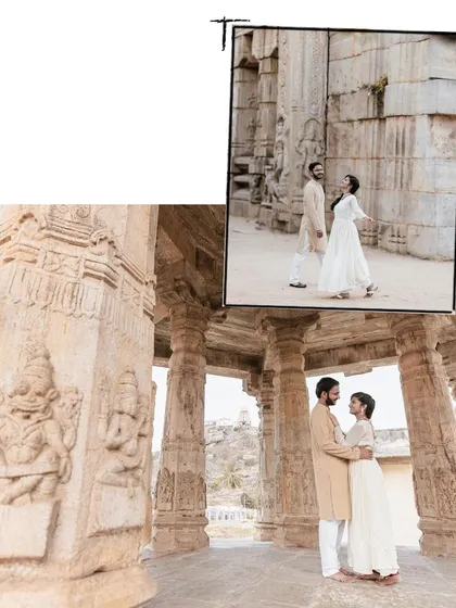 A creative collage of a couple's pre-wedding shoot at Melkote temple.