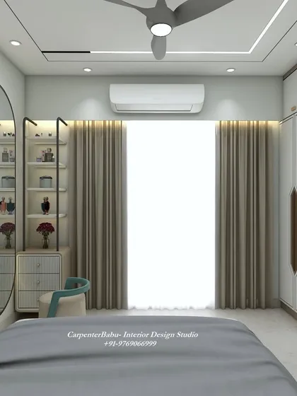 A bedroom with a beautiful dressing corner, featuring a large oval mirror with backlighting and stylish open shelves for display.
