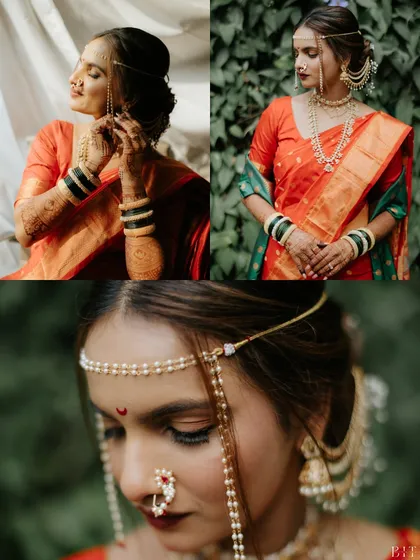 A closer look at the intricate details of our Maharashtrian bride's look, from her traditional 'nath' to her beautiful 'mundavalya'.