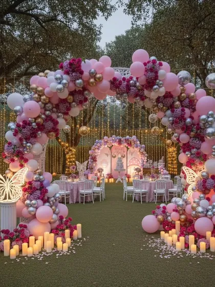 Outdoor spaces offer a beautiful canvas, as seen in this fairy garden party entrance. The grand balloon arch, illuminated butterflies, and candlelit path create an enchanting welcome, blending my decor seamlessly with the natural surroundings.