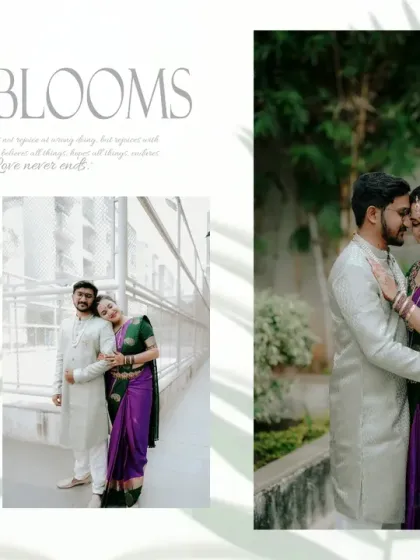A beautifully designed collage with a "Love Blooms" theme, showcasing the couple's tender moments and coordinated traditional outfits.