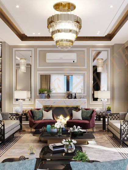 A central seating arrangement around a fireplace creates a cozy and intimate focal point in this luxurious living room. The multiple mirrors enhance the sense of space and light.