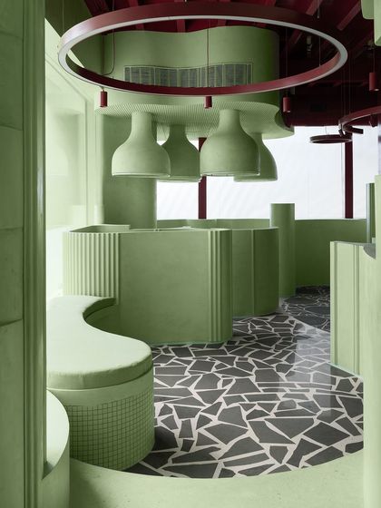 This image highlights the scale and pattern of our custom terrazzo flooring in the 'Sorbet' project. The design was a collaborative effort to achieve the perfect aesthetic.