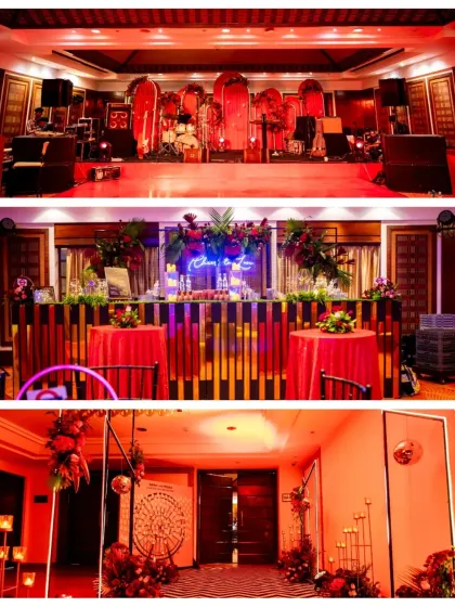 A detailed look at the grand Sangeet decor, including the stage setup, the bar area, and the beautifully decorated entrance.
