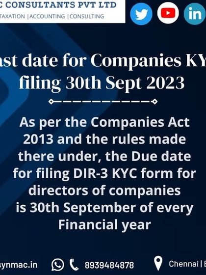 As per the Companies Act, filing the DIR-3 KYC form for all company directors is mandatory by 30th September of every financial year. We manage this process for all our clients to ensure their director status remains active and compliant.