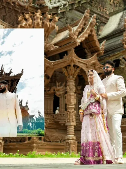 For couples who dream of an international pre-wedding shoot, I travel to capture love in the most stunning locations, like this majestic temple in Thailand.