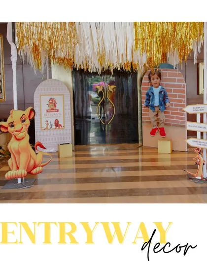 The complete entryway decor for a jungle-themed birthday. With character cutouts and themed signage, the adventure begins the moment guests arrive.