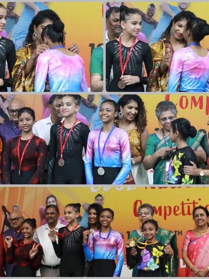 More moments of triumph from various competitions, showcasing our gymnasts with their medals, trophies, and proud coaches.