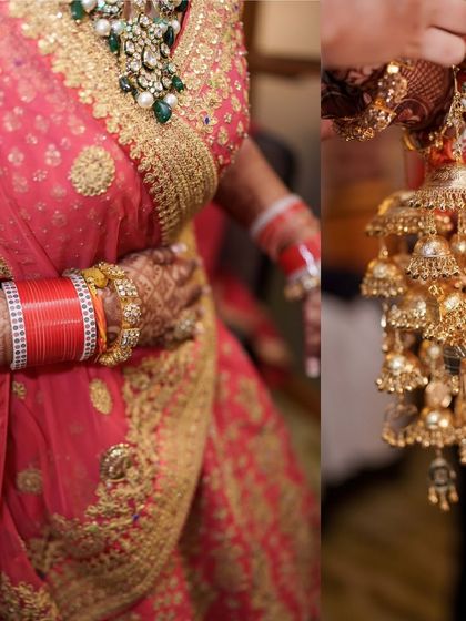 Details matter. The rich coral-pink of her lehenga, the intricate chooda, and the delicate kalire all come together to create the perfect bridal picture.