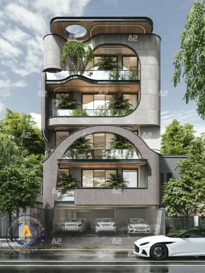 Inspired by nature’s curves, this builder floor facade in Gurugram moves away from straight lines to embrace soft, sweeping forms. These gentle curves draw the eye and connect the home to its surroundings in a more organic way.