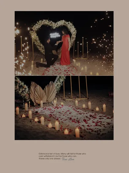 The moment that changes everything. I specialize in capturing grand, surprise proposals, complete with stunning decor like this heart-shaped floral arch, candles, and fireworks to make your 'yes' unforgettable.